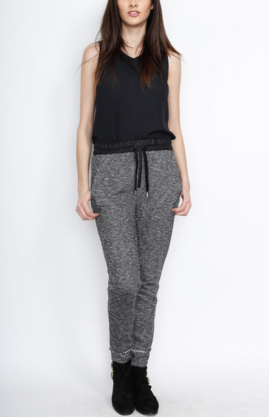 Black Knit Pants with PU Waistband Detail