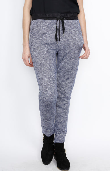 Blue Knit Pants with PU Waistband Detail