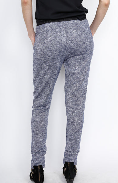 Blue Knit Pants with PU Waistband Detail