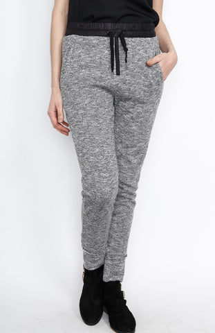 Gray Knit Pants with PU Waistband Detail