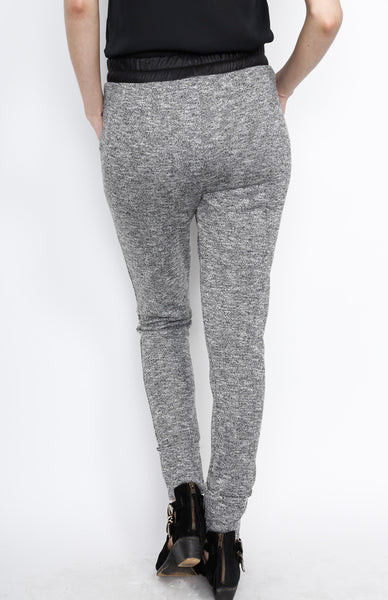 Gray Knit Pants with PU Waistband Detail