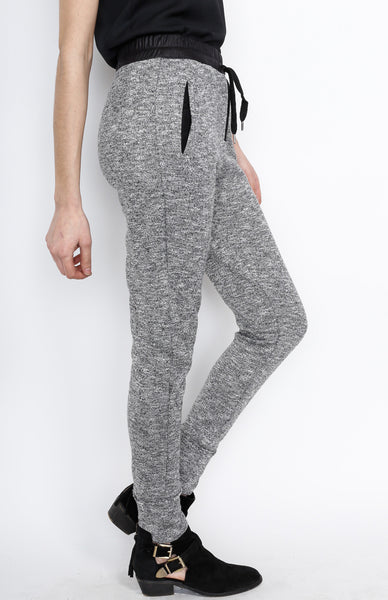 Gray Knit Pants with PU Waistband Detail