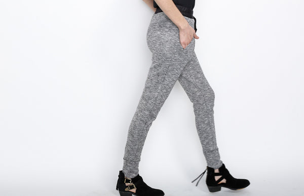 Gray Knit Pants with PU Waistband Detail