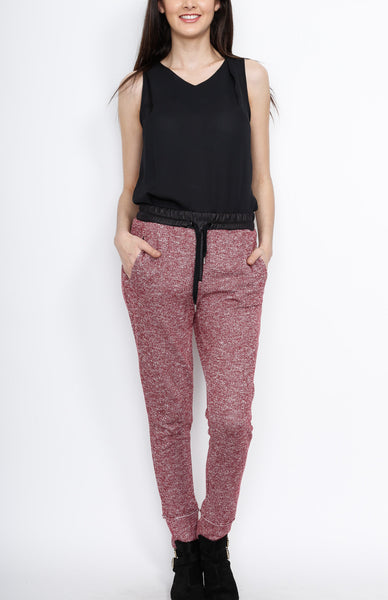 Red Knit Pants with PU Waistband Detail