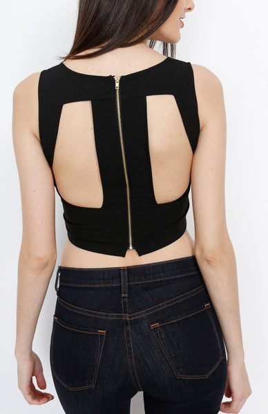 Black Woven Crop Top with back Zipper Detail