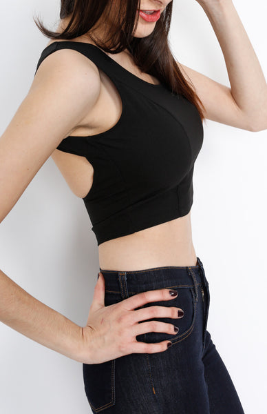 Black Woven Crop Top with back Zipper Detail