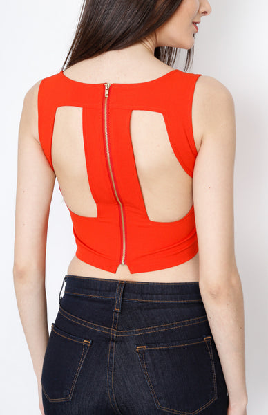 Red Woven Crop Top with back Zipper Detail