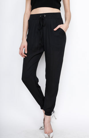 Black Waistband Woven Pants with Strings