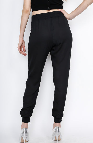 Black Waistband Woven Pants with Strings