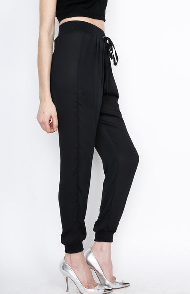 Black Waistband Woven Pants with Strings