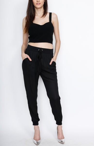 Black Waistband Woven Pants with Strings