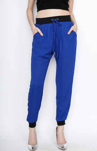 Blue Waistband Woven Pants with Strings