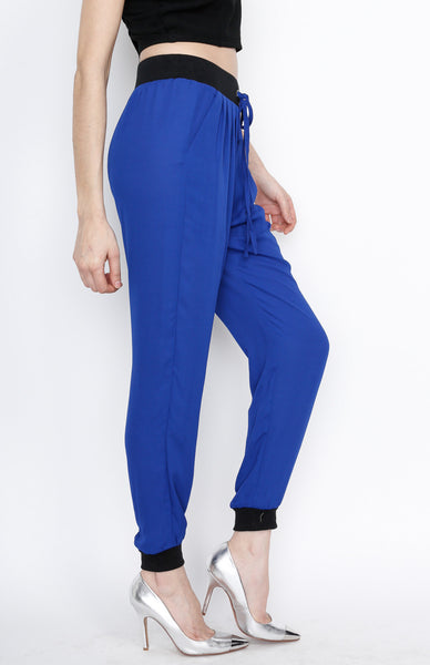 Blue Waistband Woven Pants with Strings