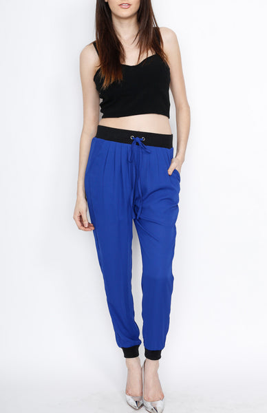 Blue Waistband Woven Pants with Strings