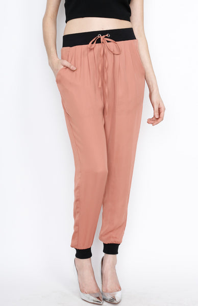 Rust Waistband Woven Pants with Strings