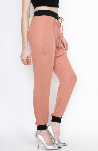 Rust Waistband Woven Pants with Strings