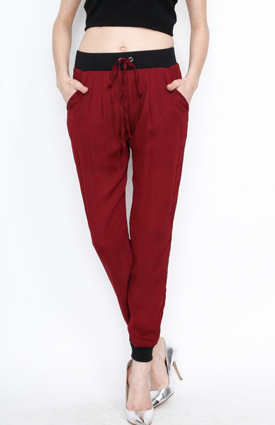 Wine Waistband Woven Pants with Strings