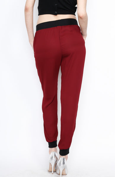 Wine Waistband Woven Pants with Strings