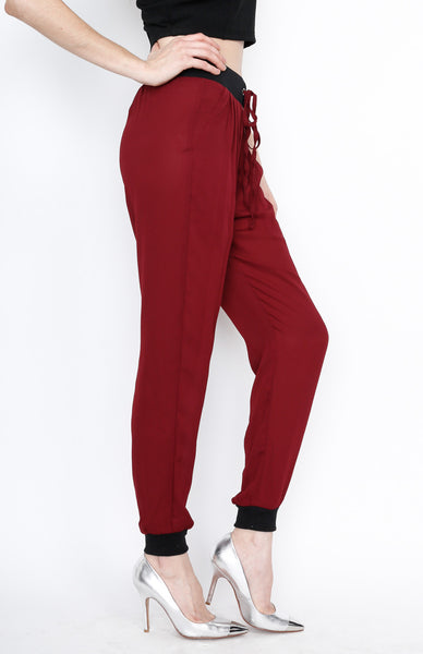 Wine Waistband Woven Pants with Strings