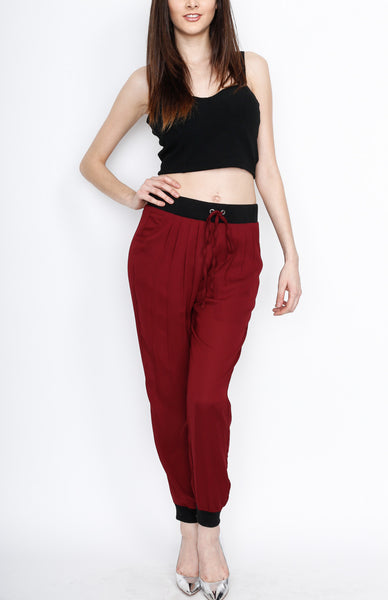 Wine Waistband Woven Pants with Strings