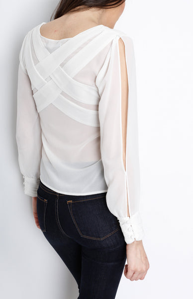 White Slit Long Sleeve with Cross Back Detail