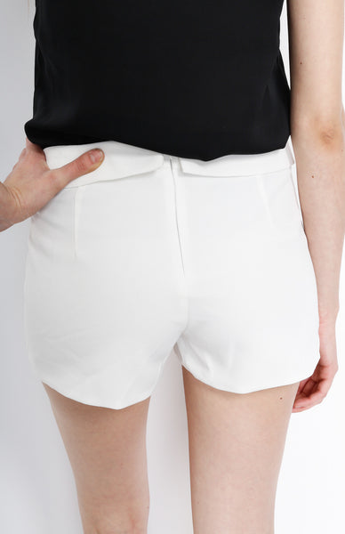 White Faux Wrap Shorts with Front Pockets