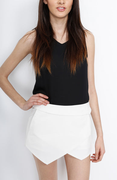 White Faux Wrap Shorts with Front Pockets