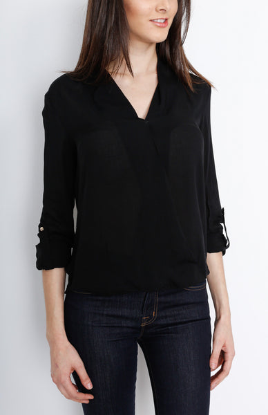 Black V-Neck Faux Wrap Long Sleeve