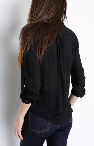 Black V-Neck Faux Wrap Long Sleeve