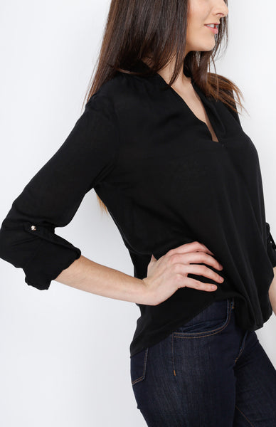 Black V-Neck Faux Wrap Long Sleeve