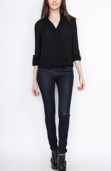 Black V-Neck Faux Wrap Long Sleeve