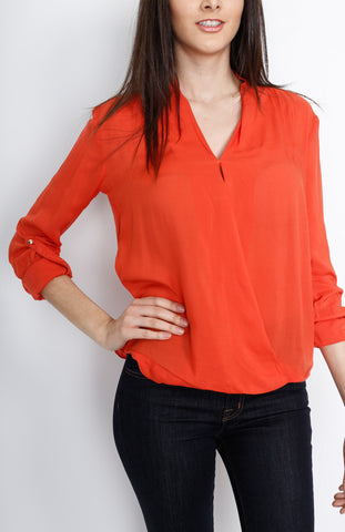 Coral V-Neck Faux Wrap Long Sleeve