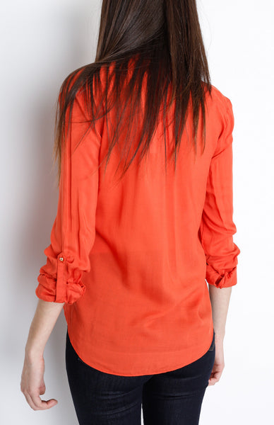 Coral V-Neck Faux Wrap Long Sleeve
