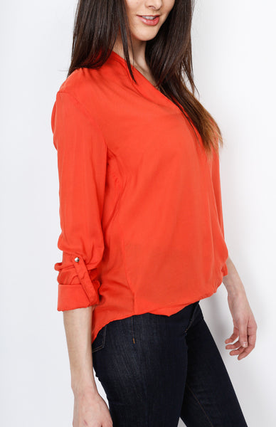 Coral V-Neck Faux Wrap Long Sleeve