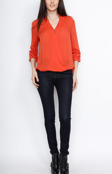 Coral V-Neck Faux Wrap Long Sleeve