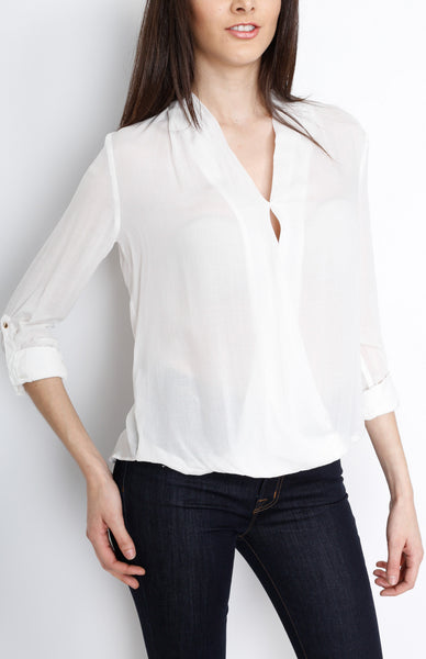 White V-Neck Faux Wrap Long Sleeve