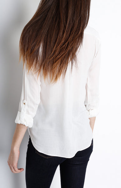 White V-Neck Faux Wrap Long Sleeve