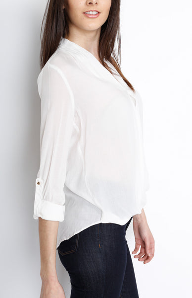 White V-Neck Faux Wrap Long Sleeve