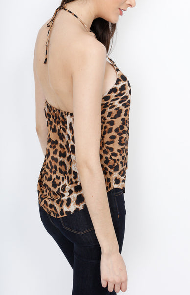 Leopard Halter Top with Faux Wrap Detail