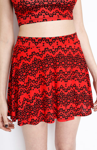 Red Skater Skirt with Heart Print Detail