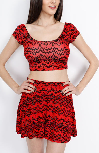 Red Skater Skirt with Heart Print Detail