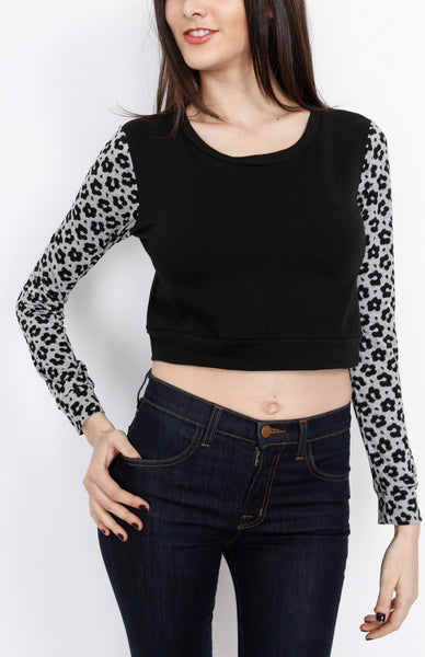 Black Long Sleeve Crop Top with Animal Print Detail