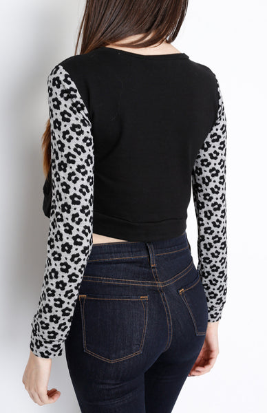 Black Long Sleeve Crop Top with Animal Print Detail