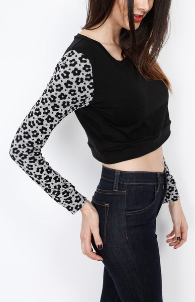 Black Long Sleeve Crop Top with Animal Print Detail