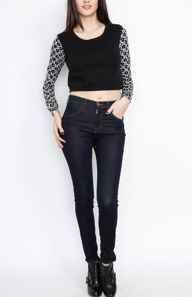 Black Long Sleeve Crop Top with Animal Print Detail