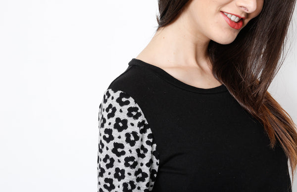 Black Long Sleeve Crop Top with Animal Print Detail