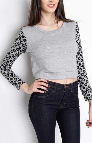 Gray Long Sleeve Crop Top with Animal Print Detail