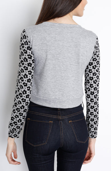 Gray Long Sleeve Crop Top with Animal Print Detail