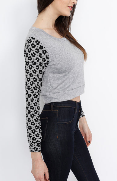 Gray Long Sleeve Crop Top with Animal Print Detail