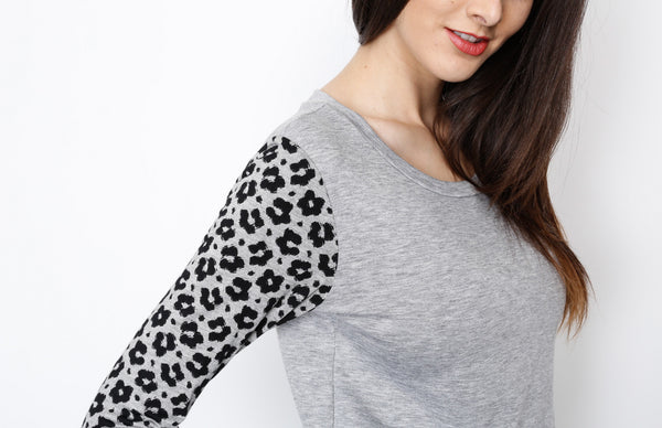 Gray Long Sleeve Crop Top with Animal Print Detail